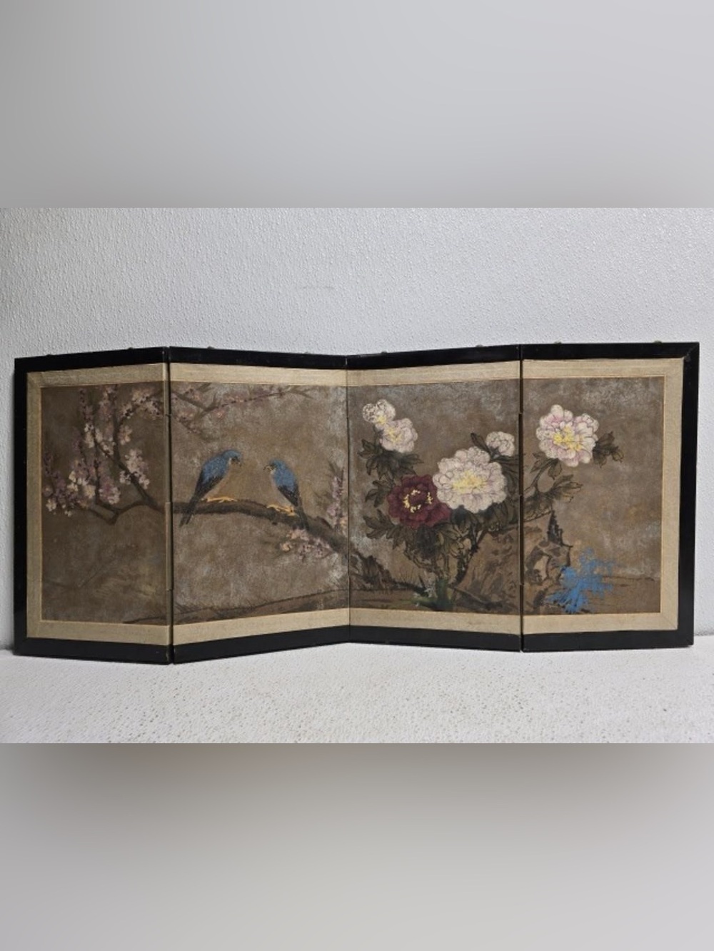 Japanese Edo Four Panel Screen featuring a painted scene of birds and flowers